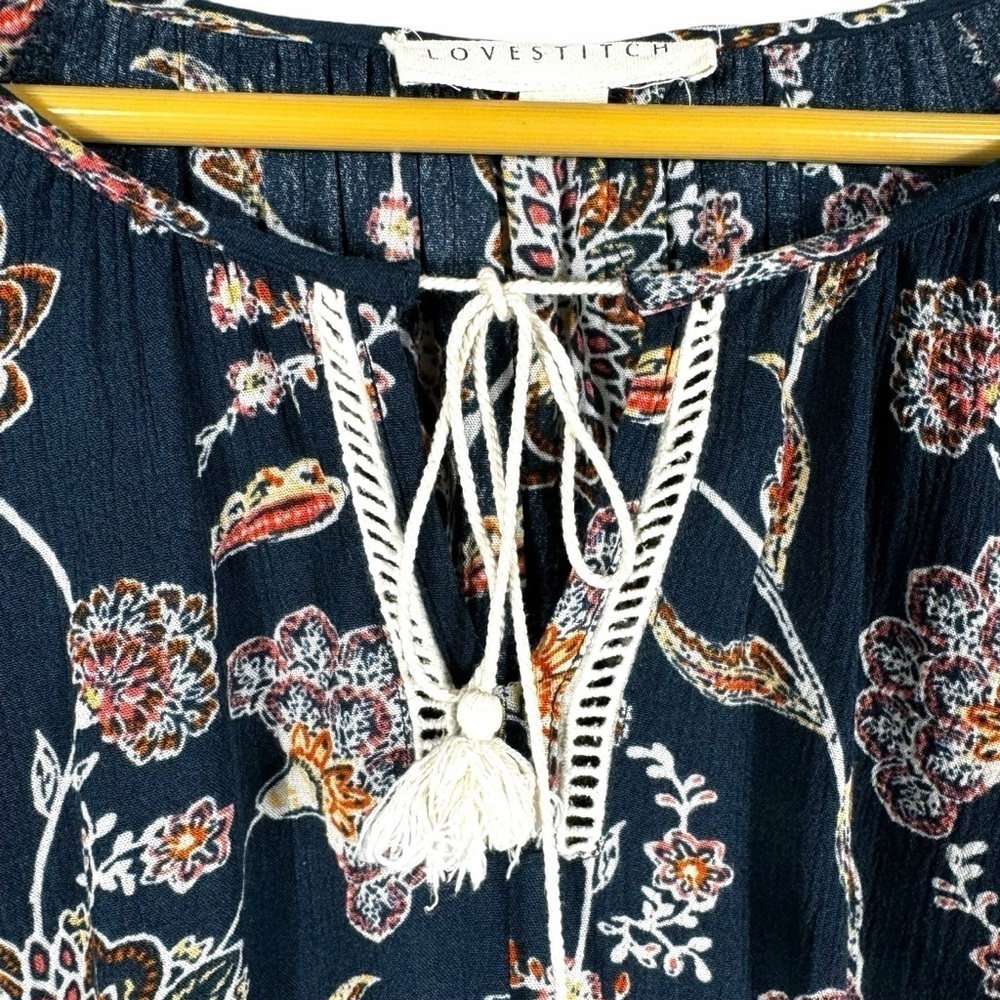 4 for $40 SALE! Lovestitch Floral Print Lace Detail Bell Sleeve Top, Navy, Sz S - Picture 6 of 13